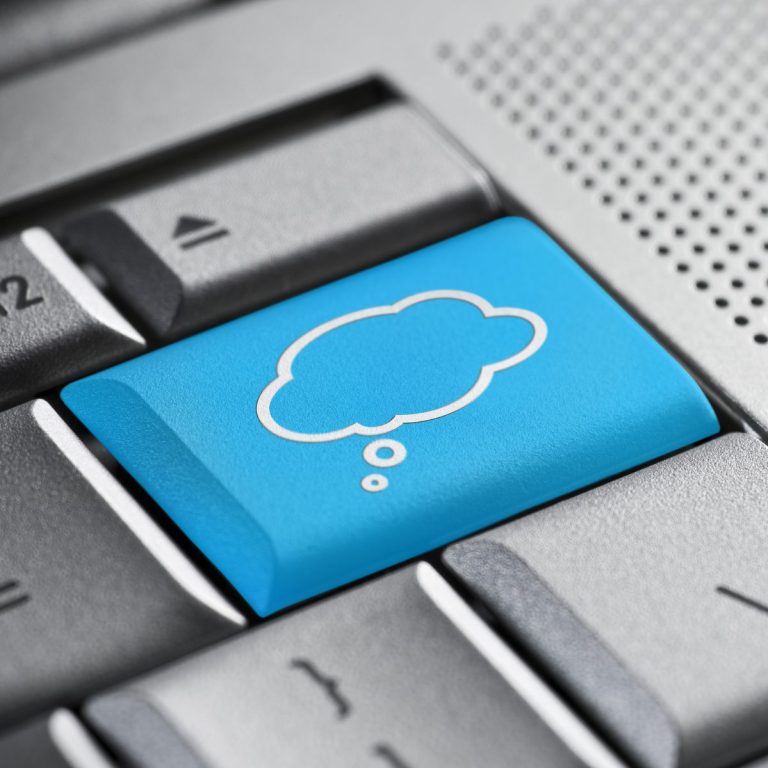 Bright blue keyboard key with a thought bubble symbol.